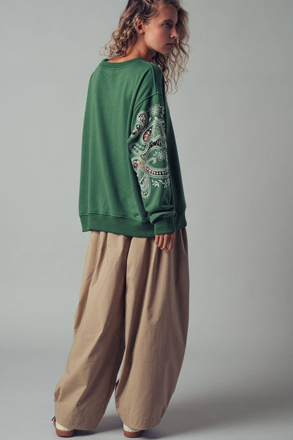 Romantic Lace Embroidered Sleeve Sweatshirt| Green