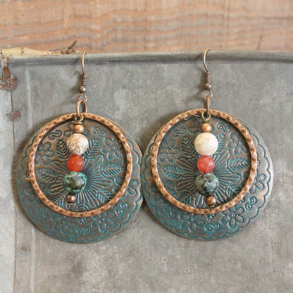 Multi-Colored Natural Stones & Patina Coin Drop Pendant Earrings