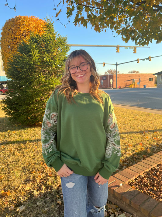Romantic Lace Embroidered Sleeve Sweatshirt| Green