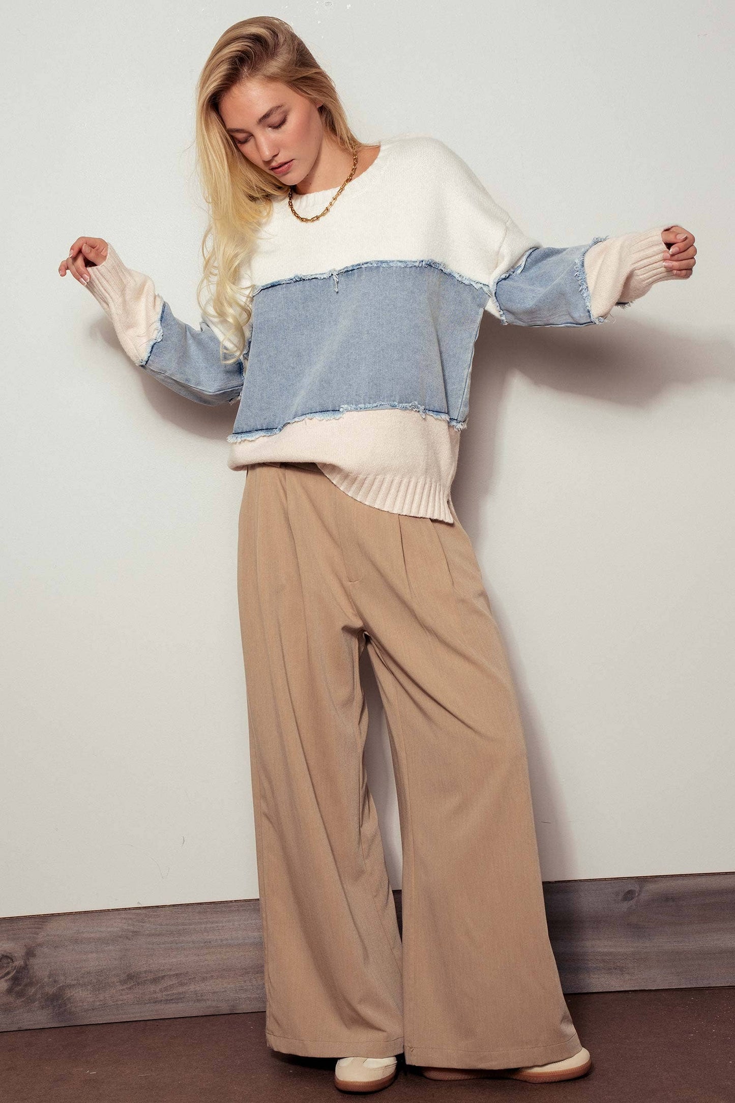Denim Block Sweater | Ivory