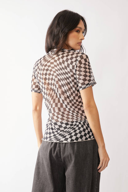 Checker Board Mesh Short Sleeve Top | Black