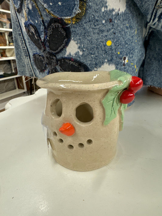 Handmade Pottery Small Snowman Luminary w/ holly berries