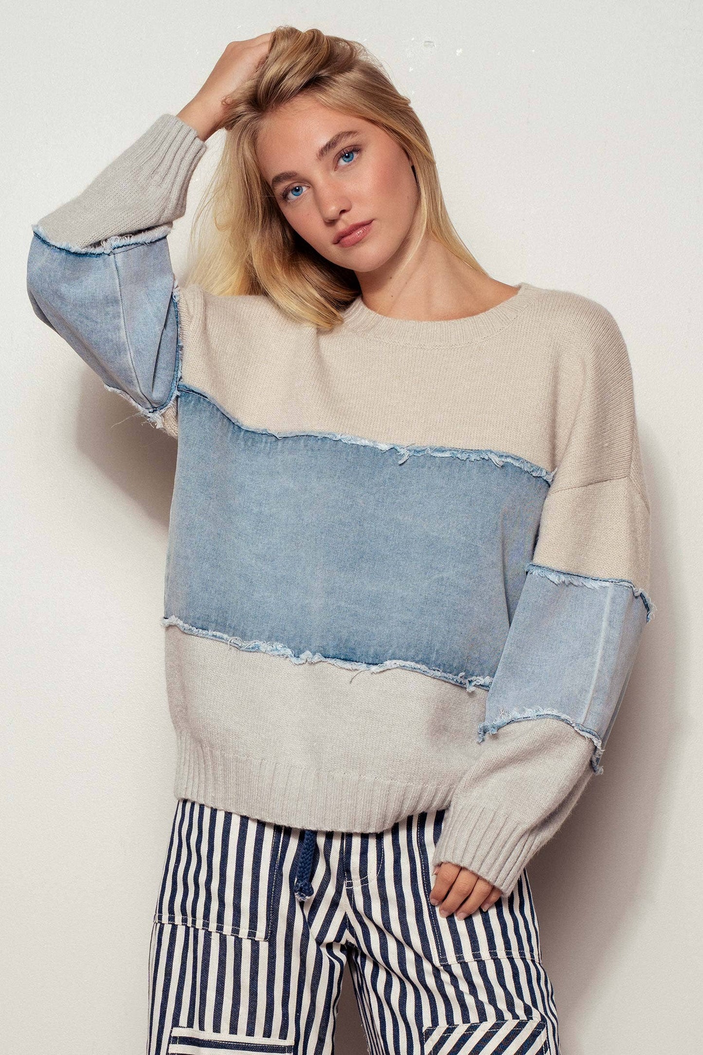 Denim Block Sweater | Ivory