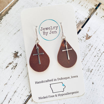 Small Teardrop: Brown w/Cross Charm