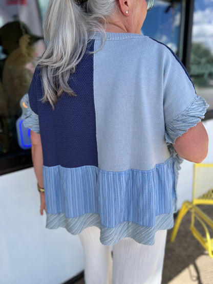 Wavy Knit Ruffle Top | Denim Navy