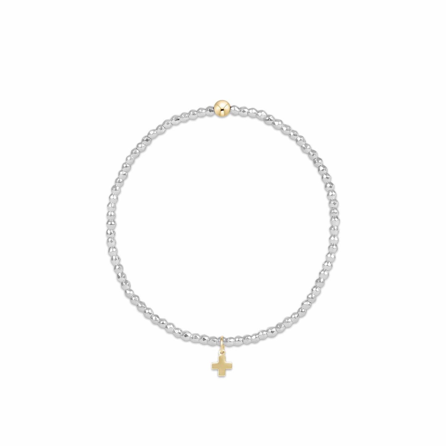 Bright Silver Faceted Hematite 2mm Bead Bracelet - Signature Cross Gold Charm