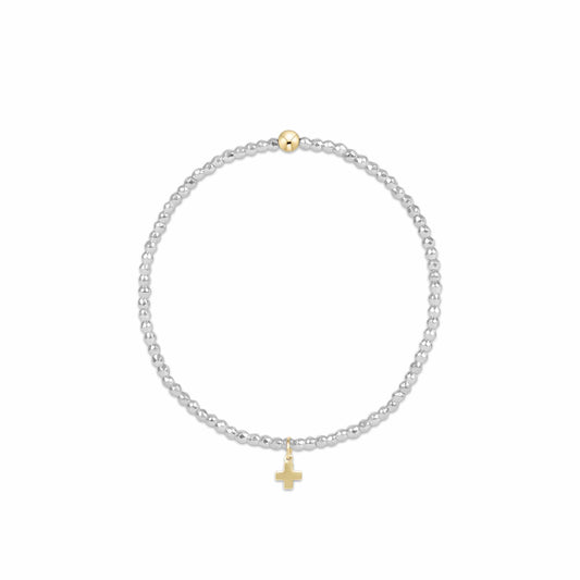 Bright Silver Faceted Hematite 2mm Bead Bracelet - Signature Cross Gold Charm