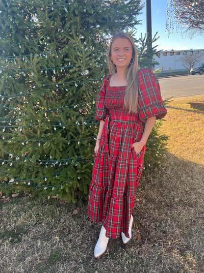 Smocked Plaid Midi Dress