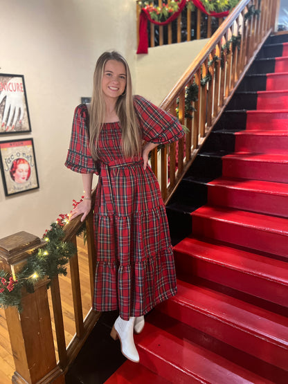 Smocked Plaid Midi Dress