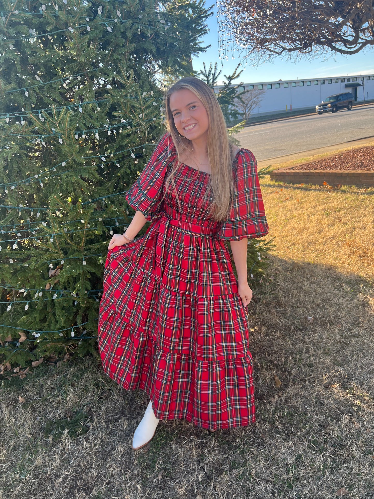 Smocked Plaid Midi Dress