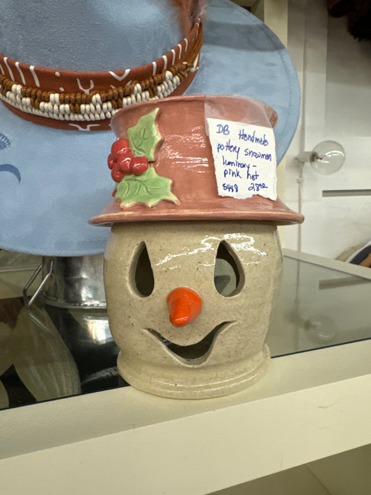 Handmade Pottery Snowman Luminary with Pink Hat