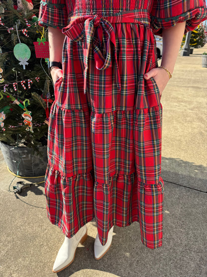 Smocked Plaid Midi Dress