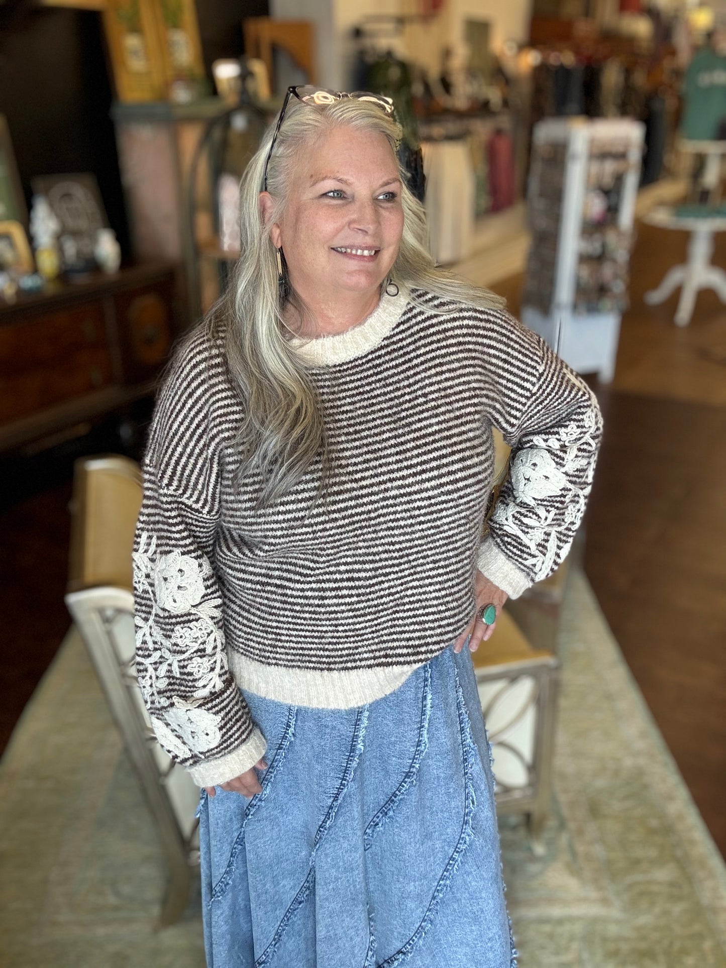 Brown Stripe Embroired Sleeve Sweater