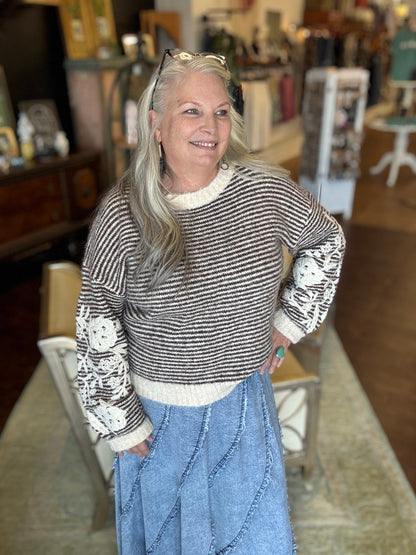 Brown Stripe Embroired Sleeve Sweater