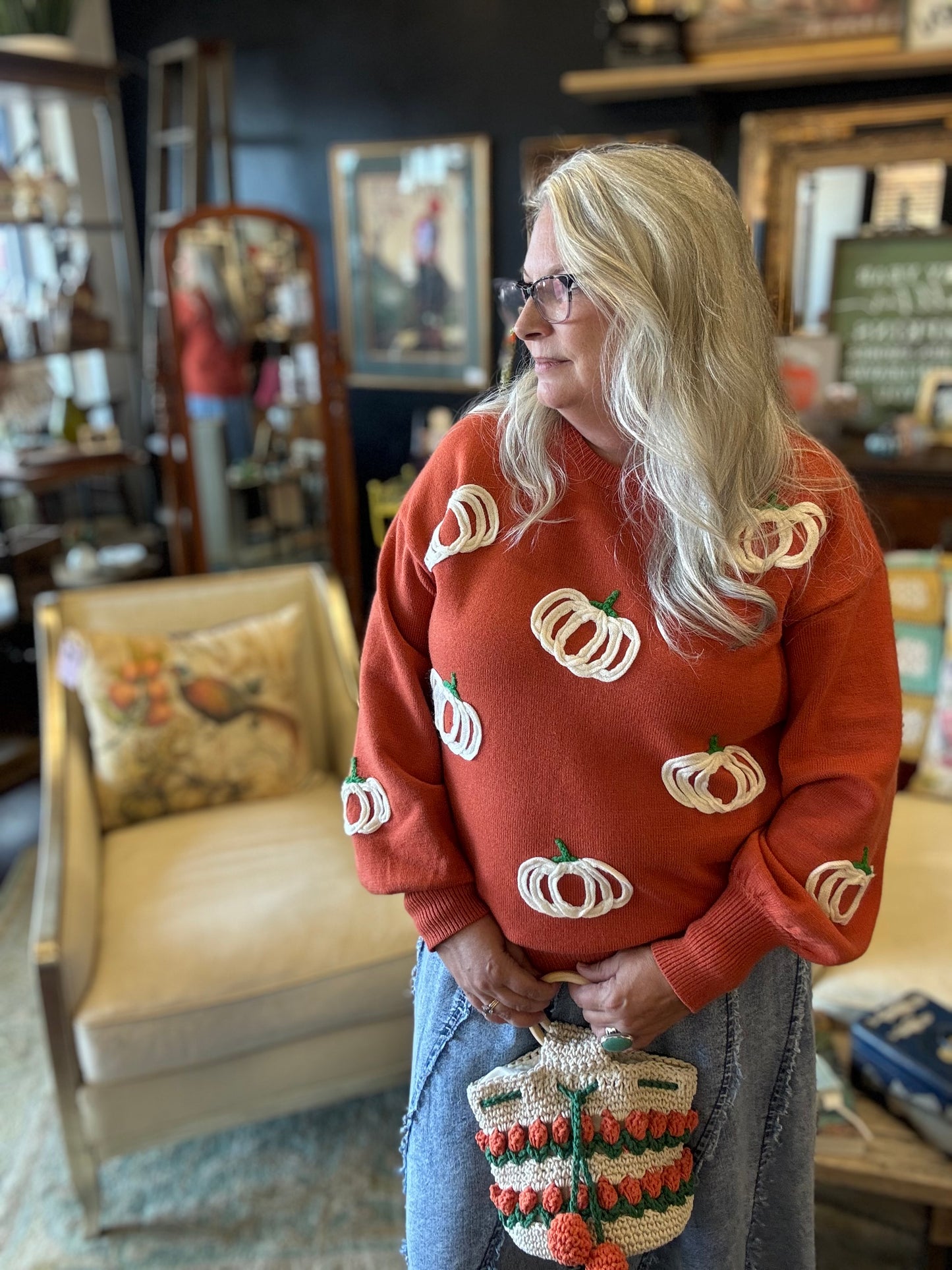 Pumpkin Patch Balloon Sleeve Sweater | RUST