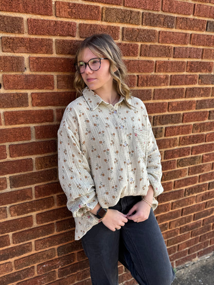Ivory Gauze Floral Shirt