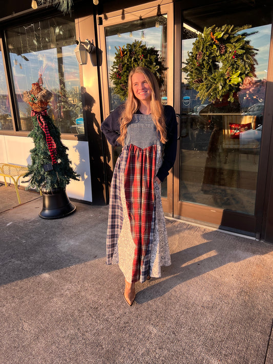 Denim & Plaid Overall Dress