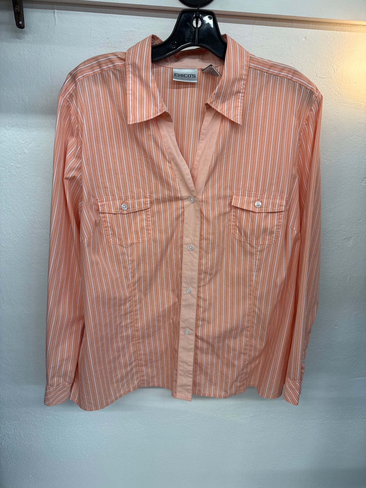 Chico's Womens Button Down Shirt  Orange White Striped with Pockets | Size 3