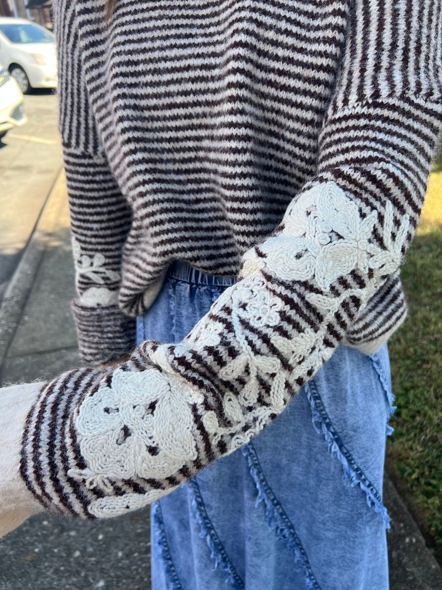 Brown Stripe Embroired Sleeve Sweater
