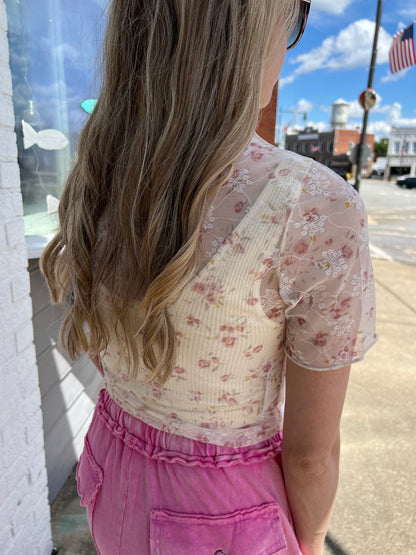 Mock Neck Mesh Lace Sheer Top | Indian Pink