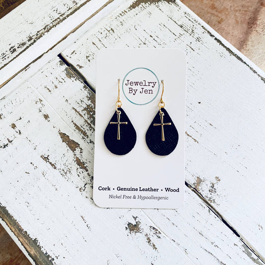 Small Teardrop: Black w/GOLD Cross Charm