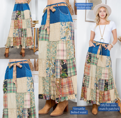 Eva Patchwork Belted Skirt