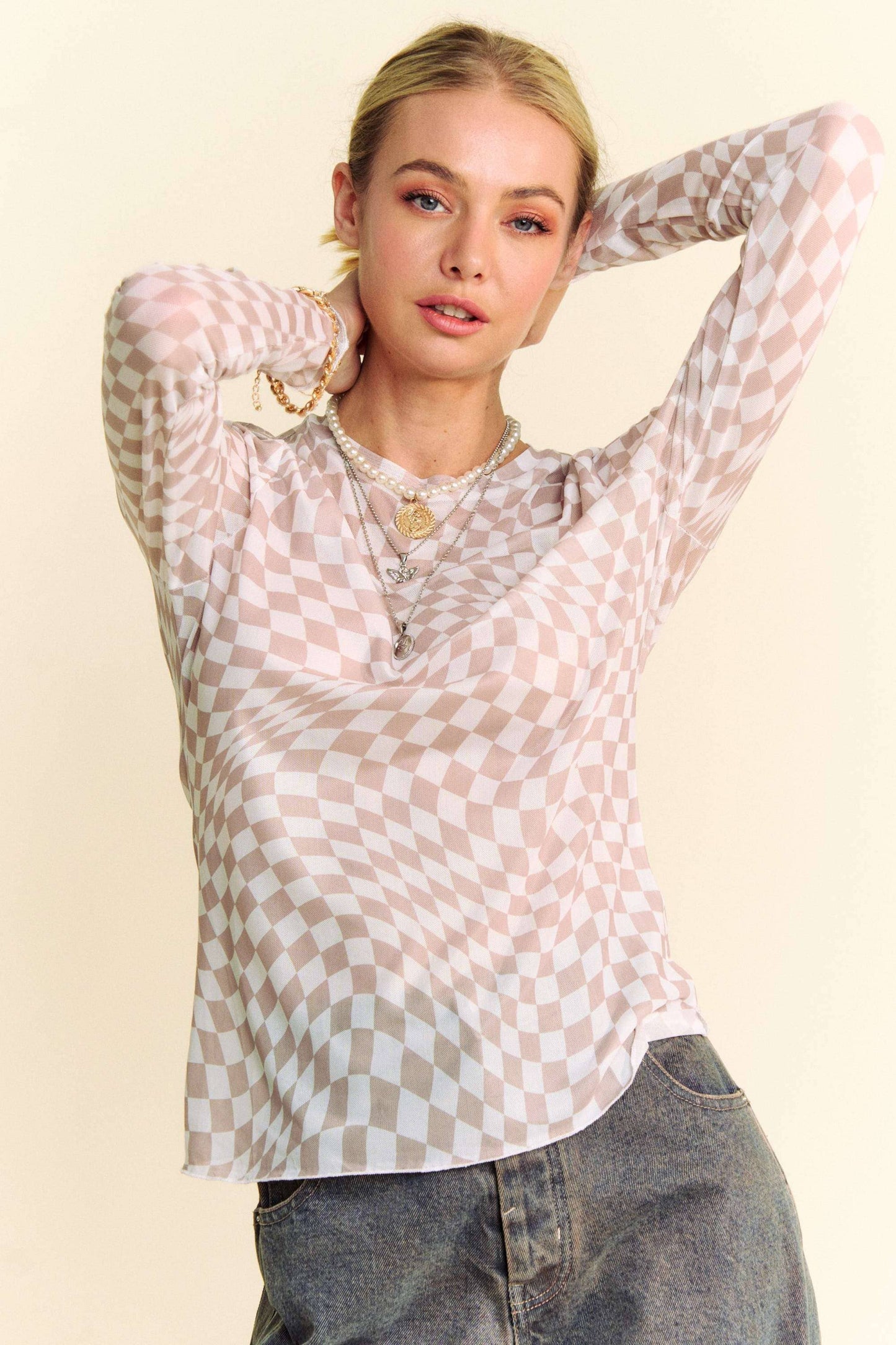 Harper Check Mesh Top