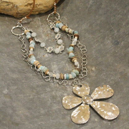 Three Wishes Silver Stone Layered Flower Pendant Necklace