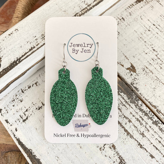 Holiday Light Bulb Earrings: Fine Green Glitter