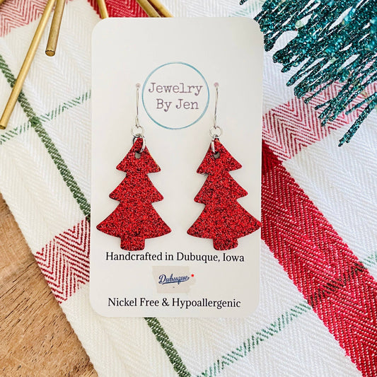 Christmas Tree Earrings: Red Fine Glitter