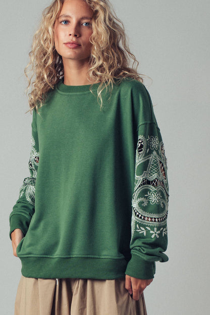 Romantic Lace Embroidered Sleeve Sweatshirt| Green