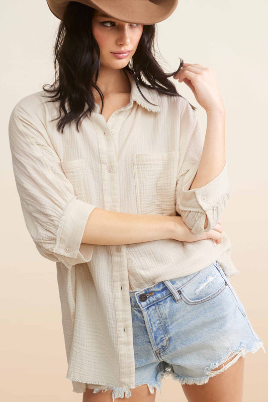 Sloane Crinkled Gauze Button-Down | Latte