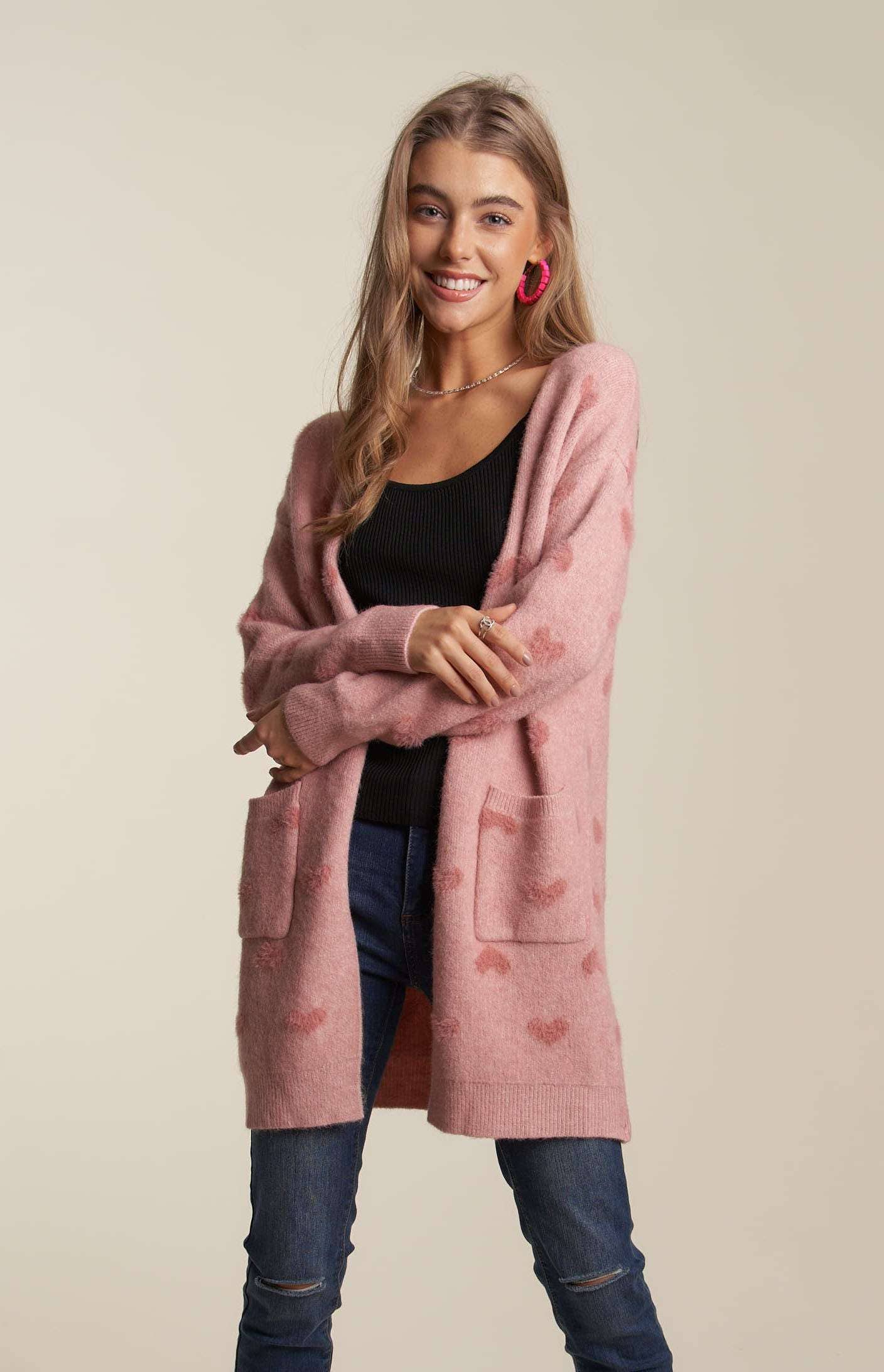 Lovely Heart Sweater Cardigan | Pink