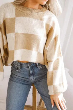 The Cutest Checkered Sweater- Khaki