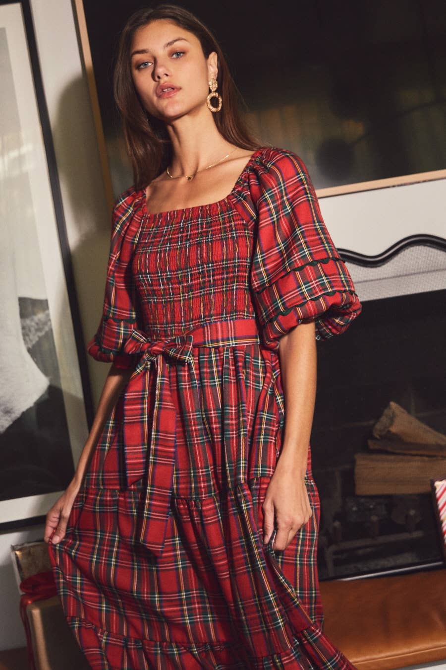 Smocked Plaid Midi Dress