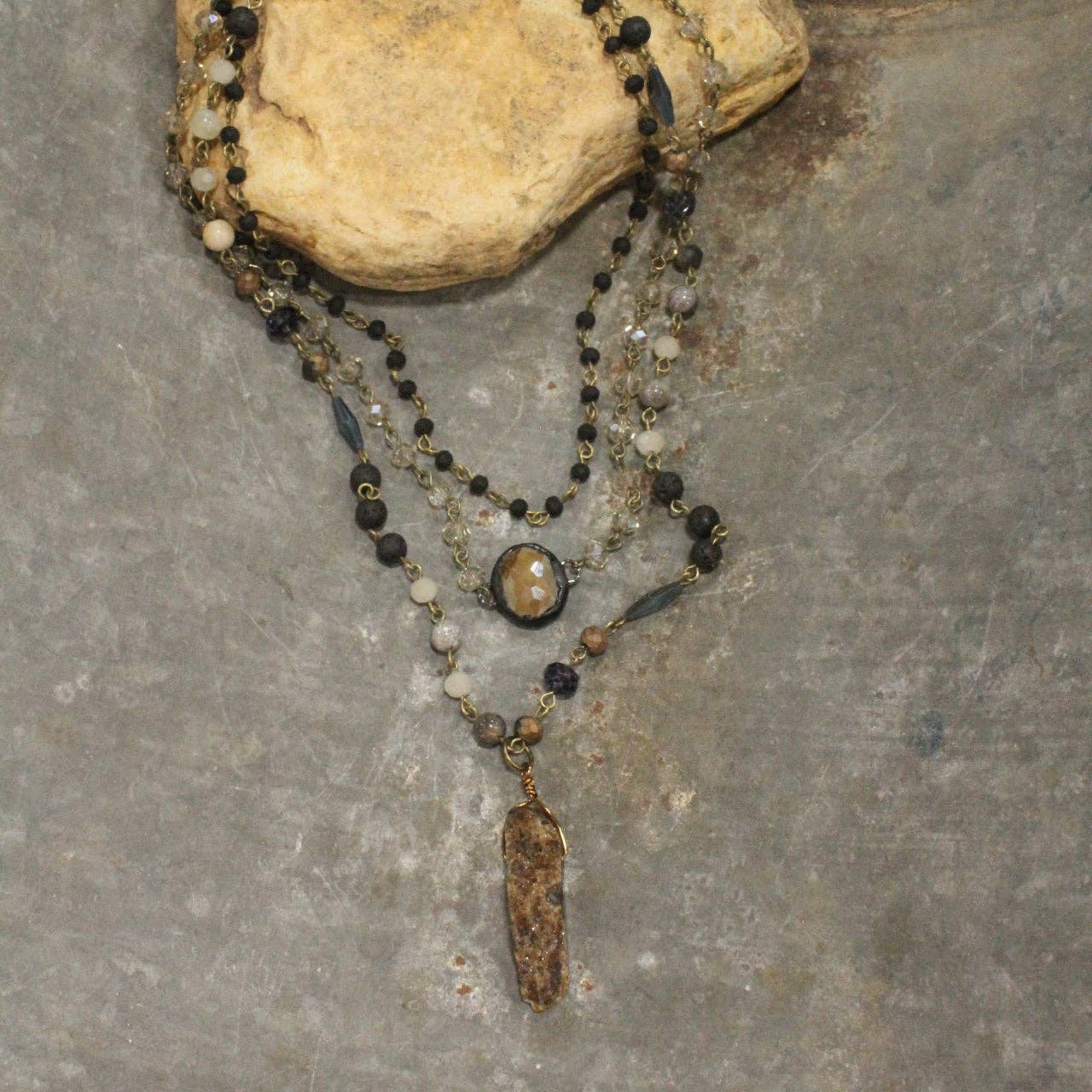 Bohemian Layered Black Stone & Crystal Necklace