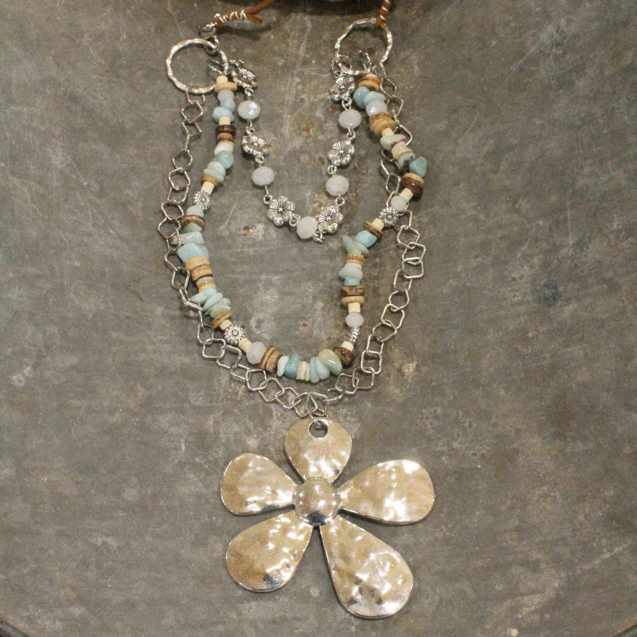 Three Wishes Silver Stone Layered Flower Pendant Necklace