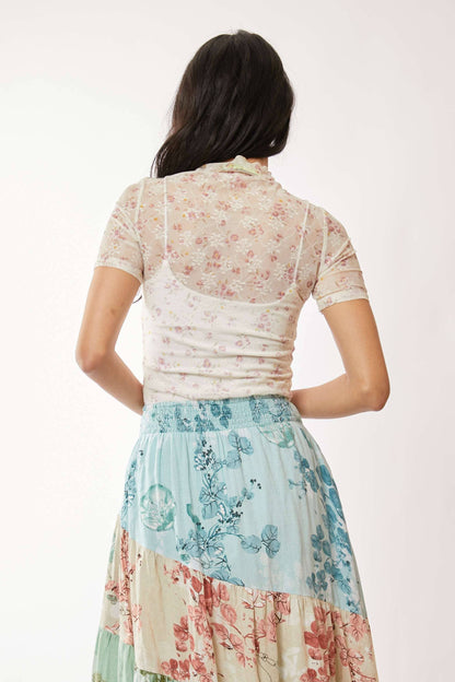 Mock Neck Mesh Lace Sheer Top | Indian Pink