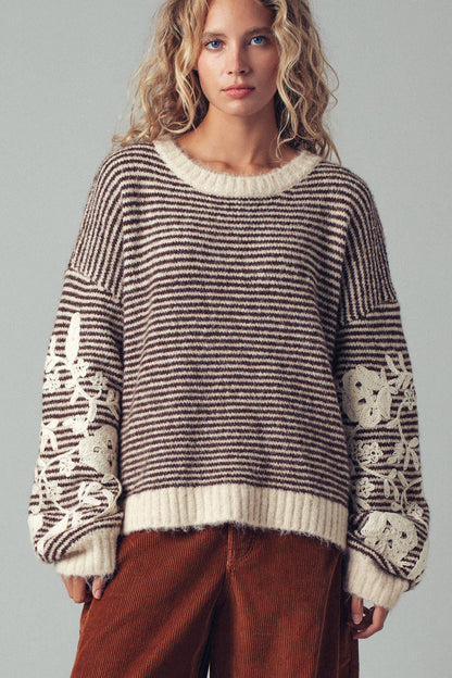 Brown Stripe Embroired Sleeve Sweater
