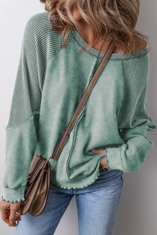 Sage Waffle Knit Long Sleeve Sweatshirt