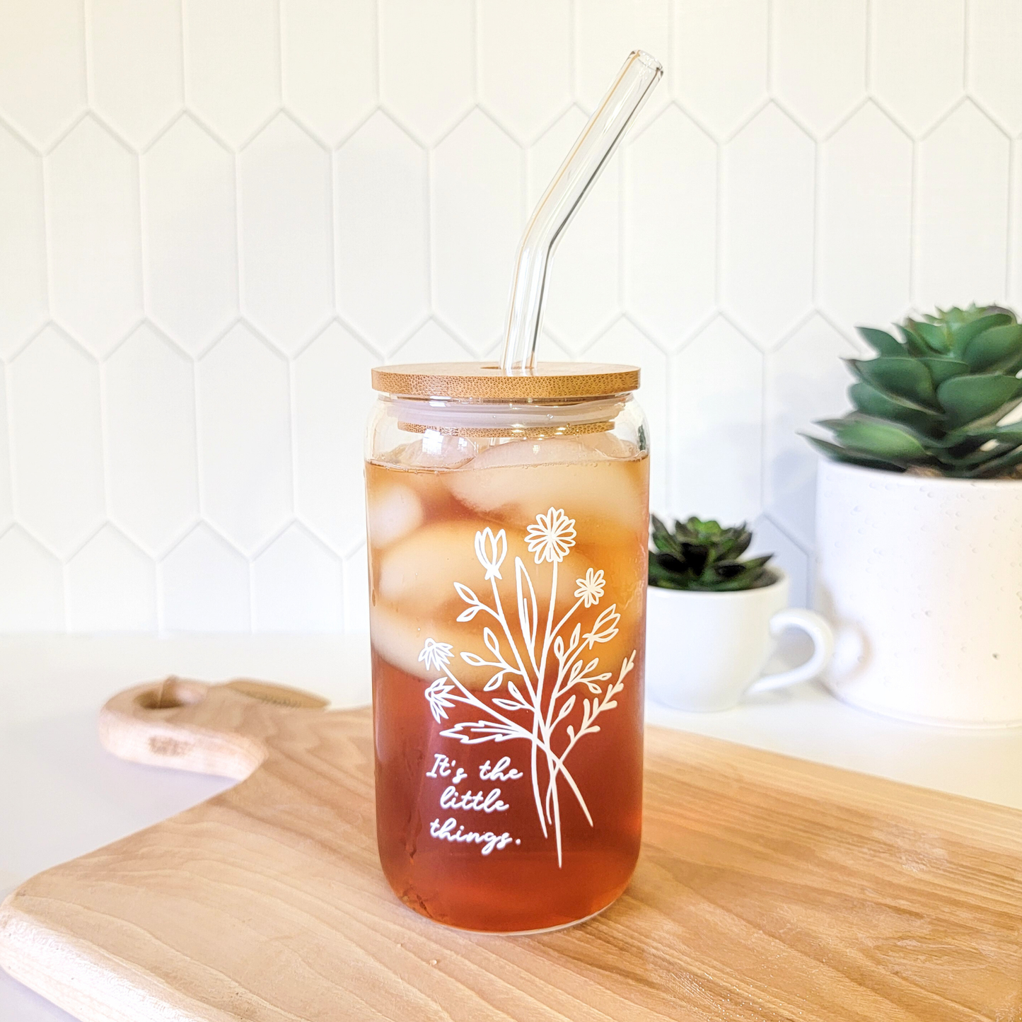 Floral Iced Coffee Glass Can with Bamboo Lid and Straw