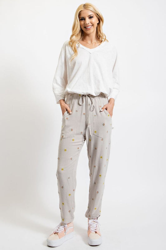 Linen Whispers Embroidered Pants