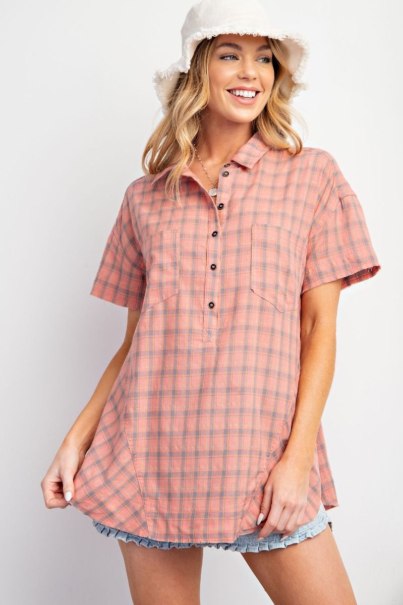 Playful Plaid Tunic Top | Coral Grey