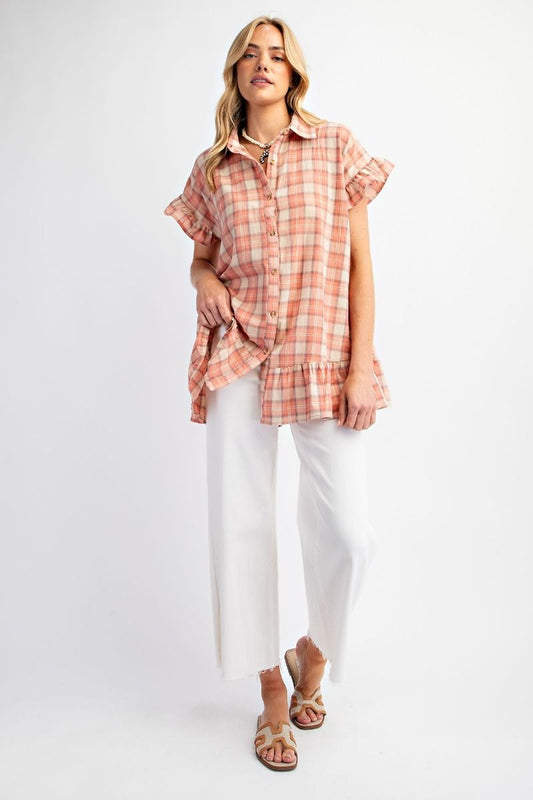 Ruffled Up Plaid Top | Coral