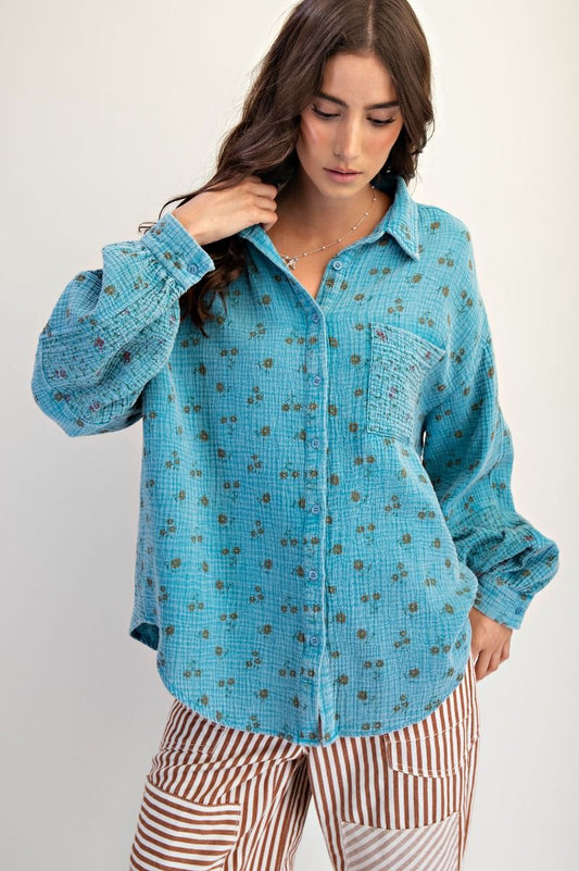 Day Blue Gauze Floral Shirt