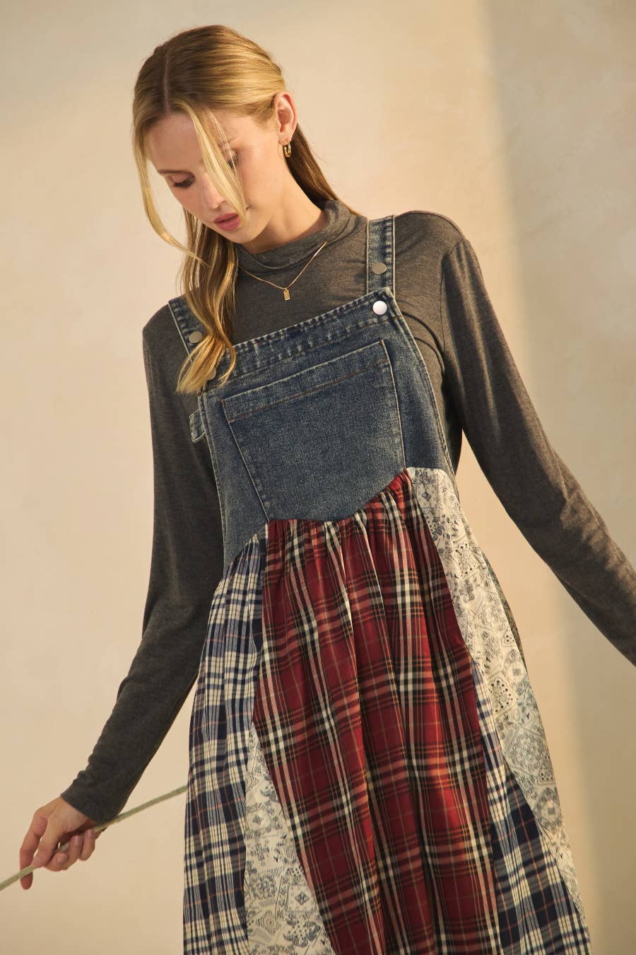 Denim & Plaid Overall Dress