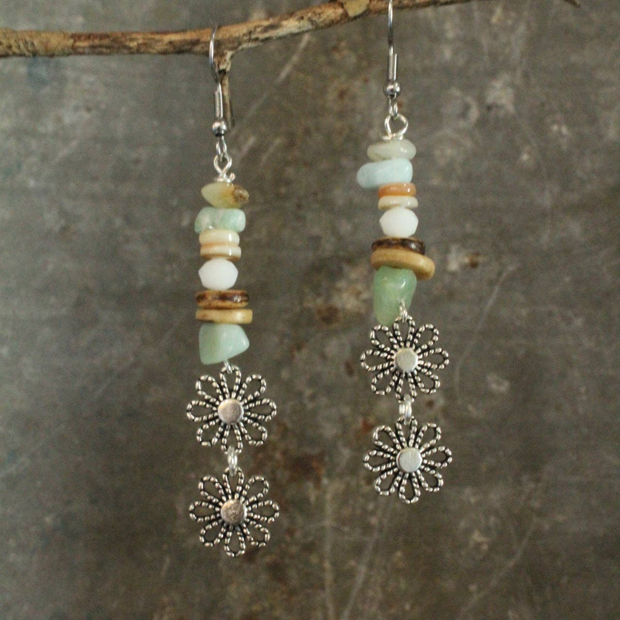 Three Wishes Silver Stone Flower Dangle Earrings