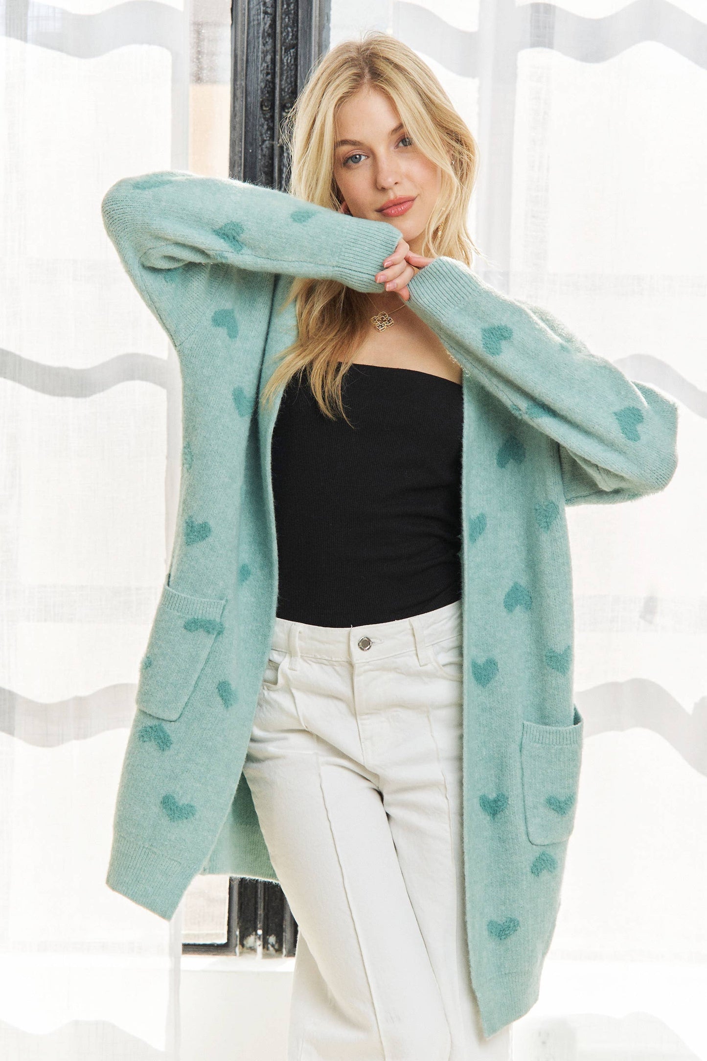 Lovely Heart Sweater Cardigan | Sage