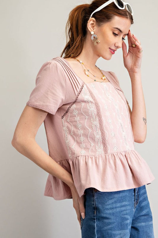 Dusky Rose Embroidered Linen Top