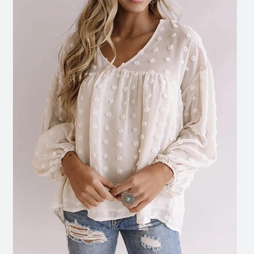 JR-Entro Cream Dot Swiss LS Blouse | 2X